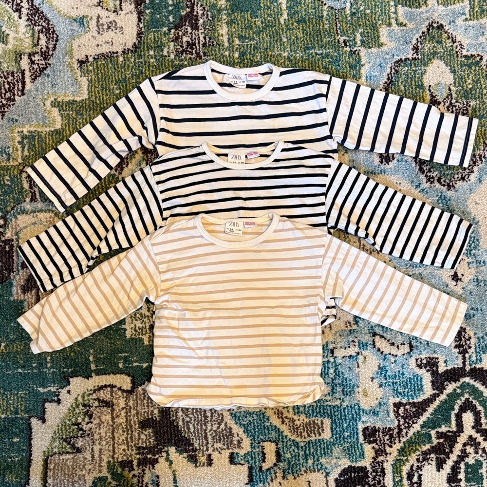 Set of 3 Kids Zara Long Sleeve Striped Tops - 2 black/white, 1 beige/white